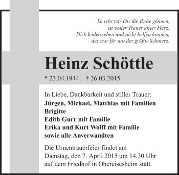 Traueranzeige von Heinz Schöttle 