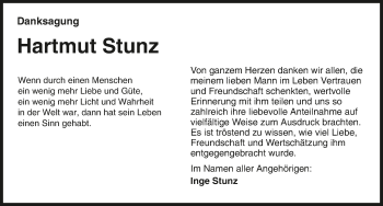 Traueranzeige von Hartmut Stunz 