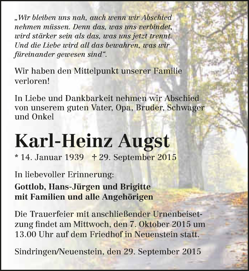  Traueranzeige für Karl-Heinz Augst vom 05.10.2015 aus 