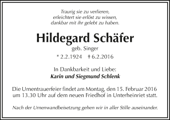 Traueranzeige von Hildegard Schäfer 