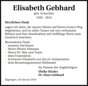 Traueranzeige von Elisabeth Gebhard 