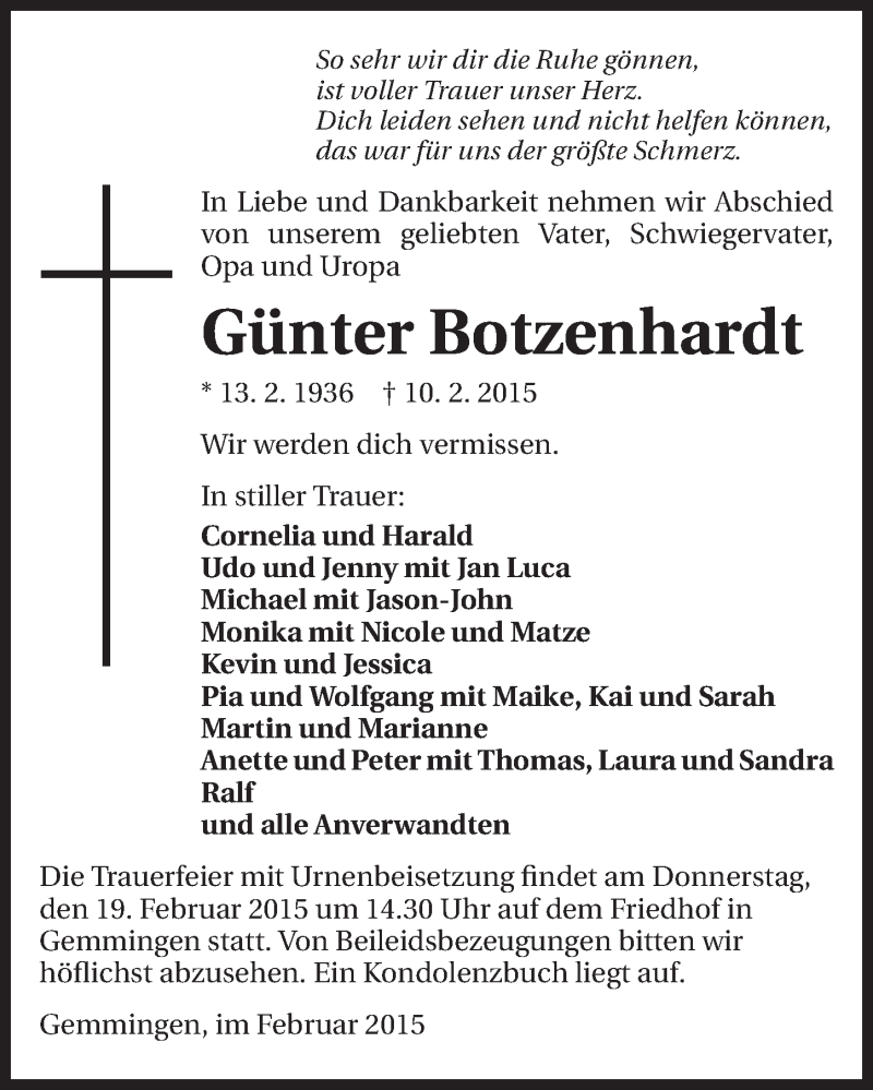  Traueranzeige für Günter Botzenhardt vom 16.02.2015 aus 