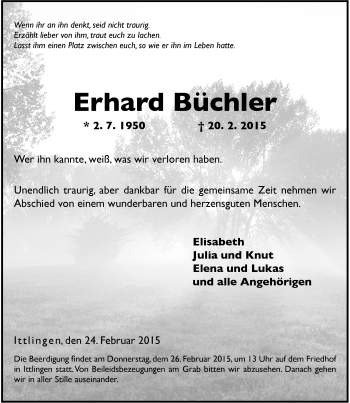 Traueranzeige von Erhard Büchler 