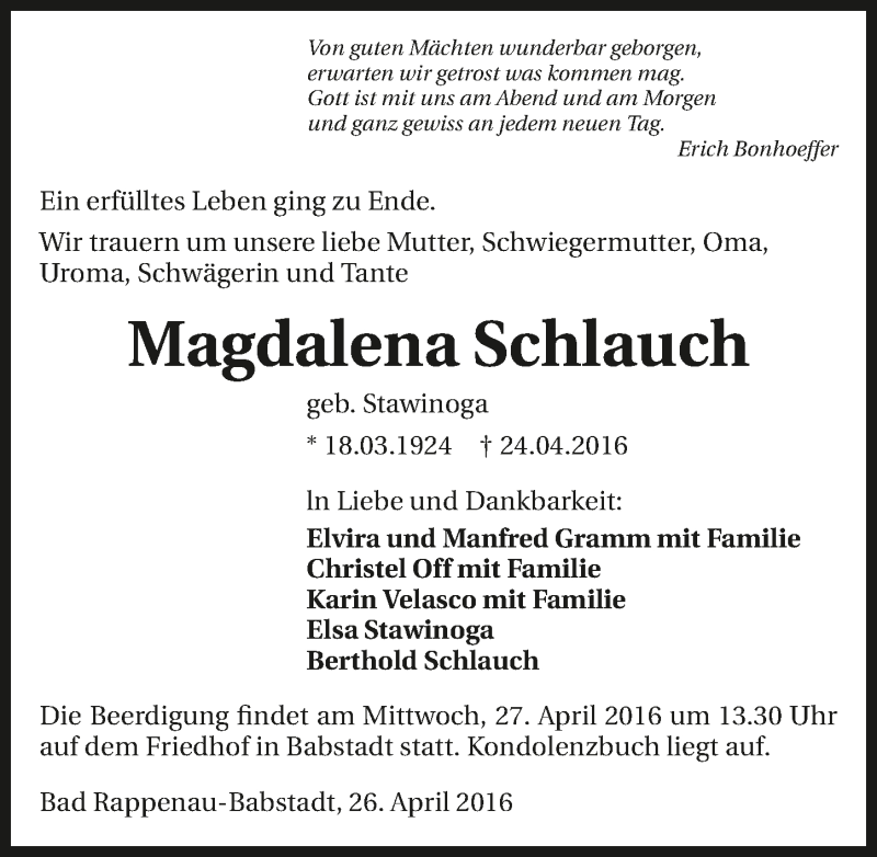 Traueranzeige für Magdalena Schlauch vom 26.04.2016 aus 