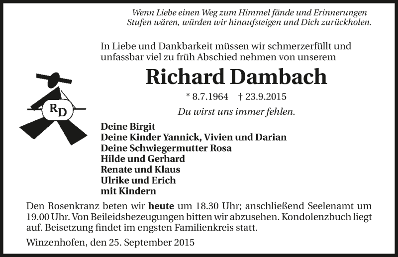  Traueranzeige für Richard Dambach vom 25.09.2015 aus 