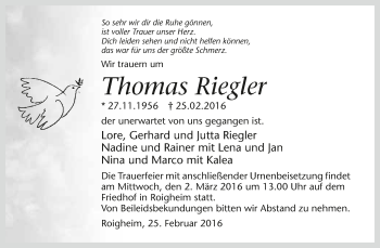 Traueranzeige von Thomas Riegler 