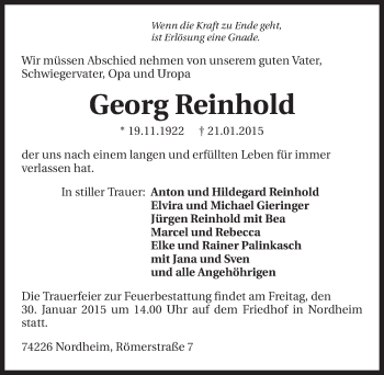 Traueranzeige von Georg Reinhold 