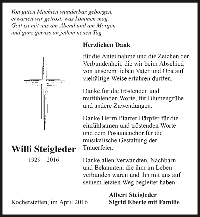  Traueranzeige für Willi Steigleder vom 11.04.2016 aus 