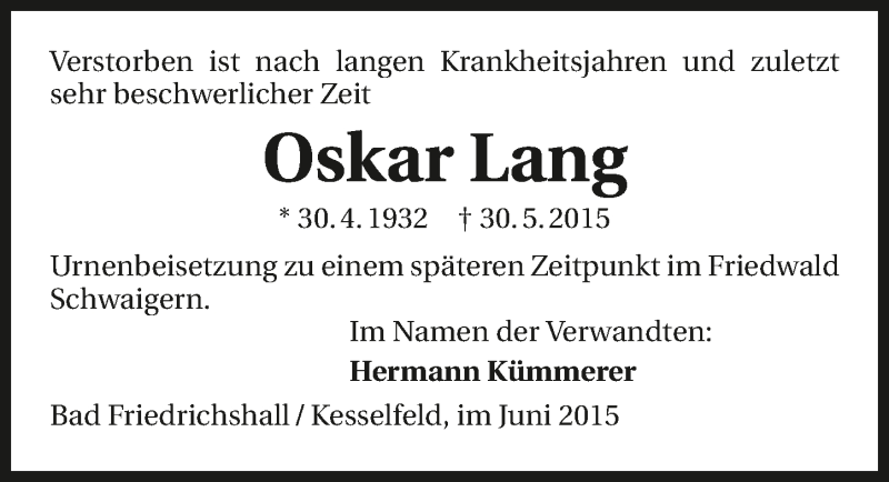  Traueranzeige für Oscar Lang vom 03.06.2015 aus 