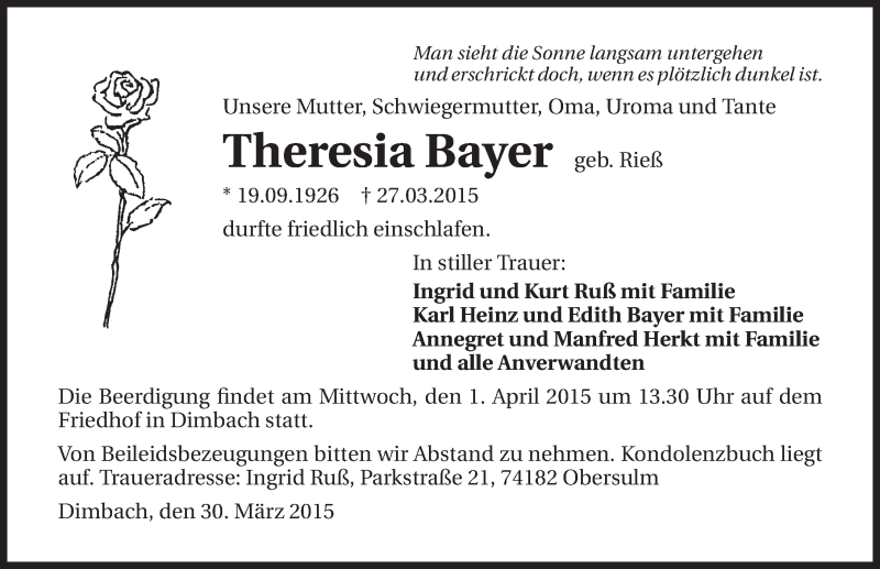  Traueranzeige für Theresia Bayer vom 30.03.2015 aus 