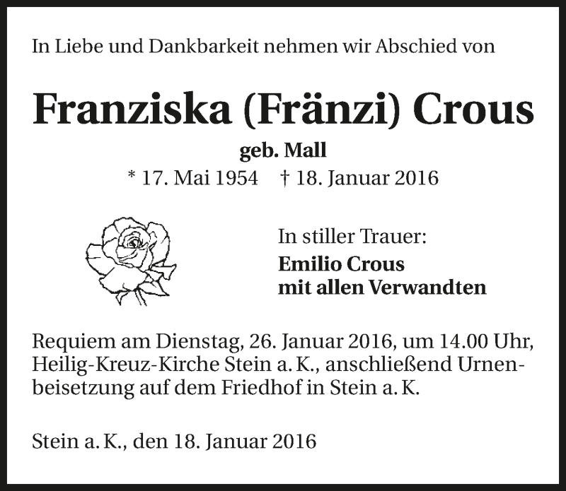 Traueranzeige für Franziska Crous vom 23.01.2016 aus 