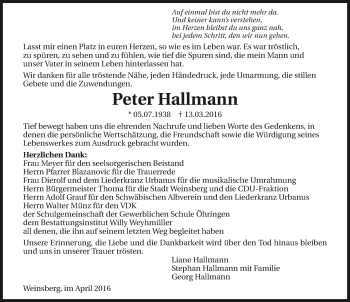 Traueranzeige von Peter Hallmann 