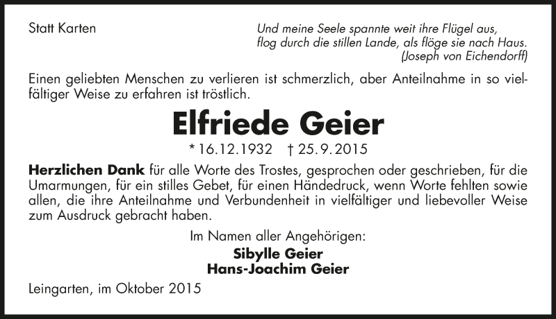  Traueranzeige für Elfriede Geier vom 17.10.2015 aus 