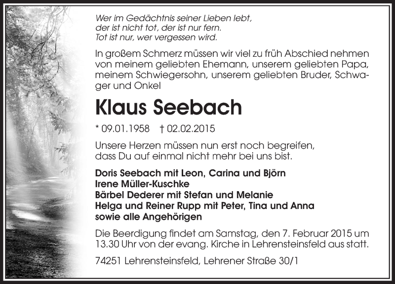  Traueranzeige für Klaus Seebach vom 04.02.2015 aus 
