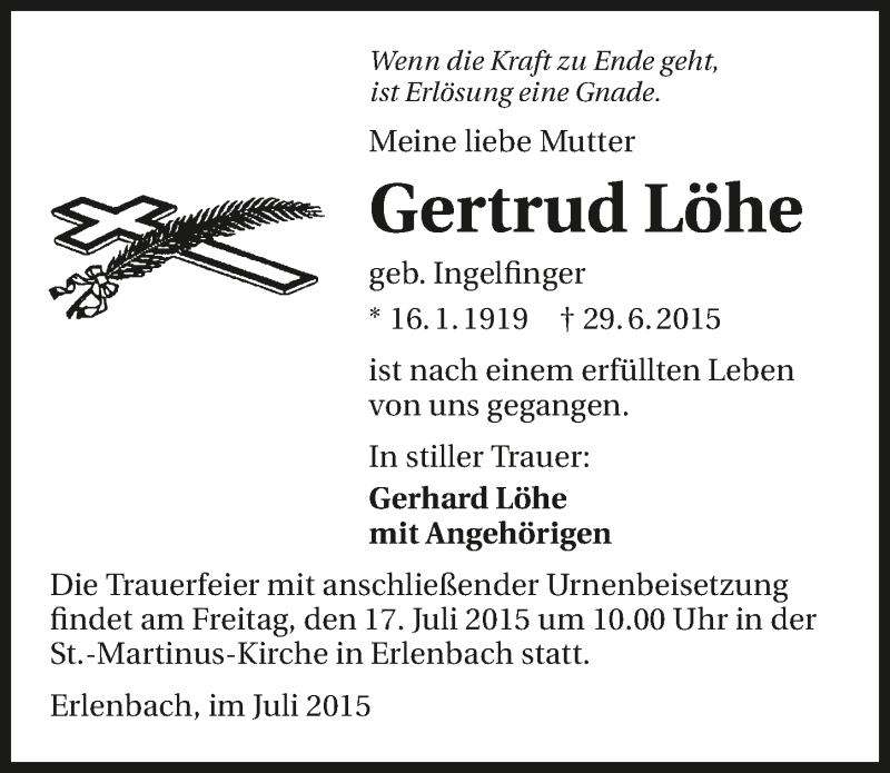  Traueranzeige für Gertrud Löhe vom 14.07.2015 aus 