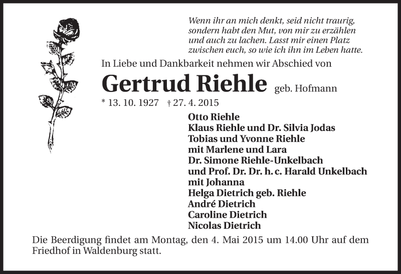  Traueranzeige für Gertrud Riehle vom 30.04.2015 aus 