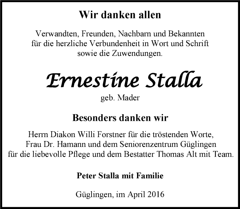  Traueranzeige für Ernestine Stalla vom 14.04.2016 aus 