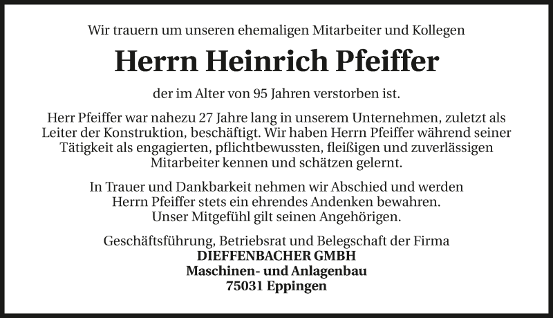  Traueranzeige für Heinrich Pfeiffer vom 01.12.2015 aus 