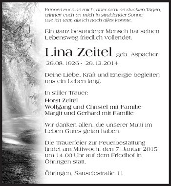 Traueranzeige von Lina Zeitel 