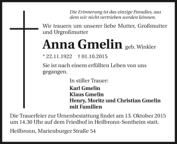 Traueranzeige von Anna Gmelin 