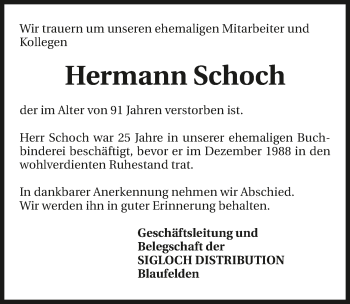 Traueranzeige von Hermann Schoch 