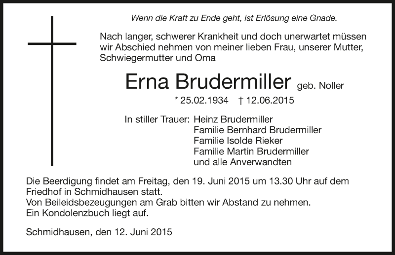  Traueranzeige für Erna Brudermiller vom 16.06.2015 aus 