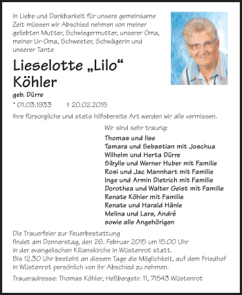 Traueranzeige von Lieselotte Köhler 