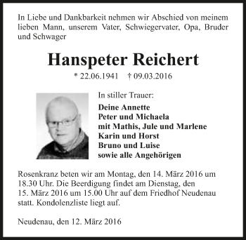 Traueranzeige von Hanspeter Reichert 