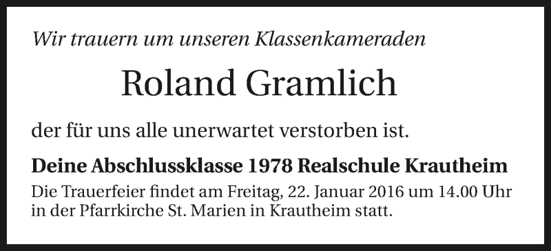  Traueranzeige für Roland Gramlich vom 20.01.2016 aus 