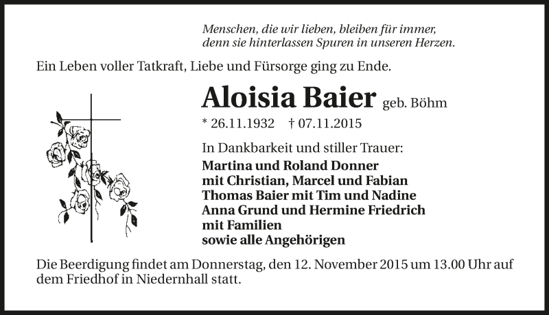  Traueranzeige für Aloisia Baier vom 10.11.2015 aus 