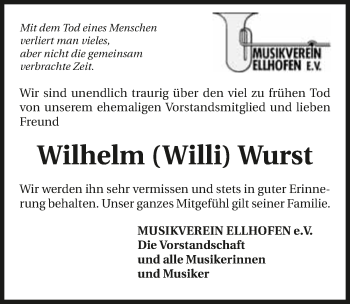 Traueranzeige von Wilhelm Wurst 