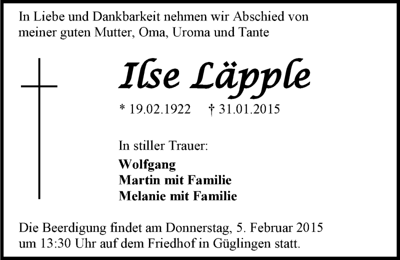  Traueranzeige für Ilse Läpple vom 03.02.2015 aus 