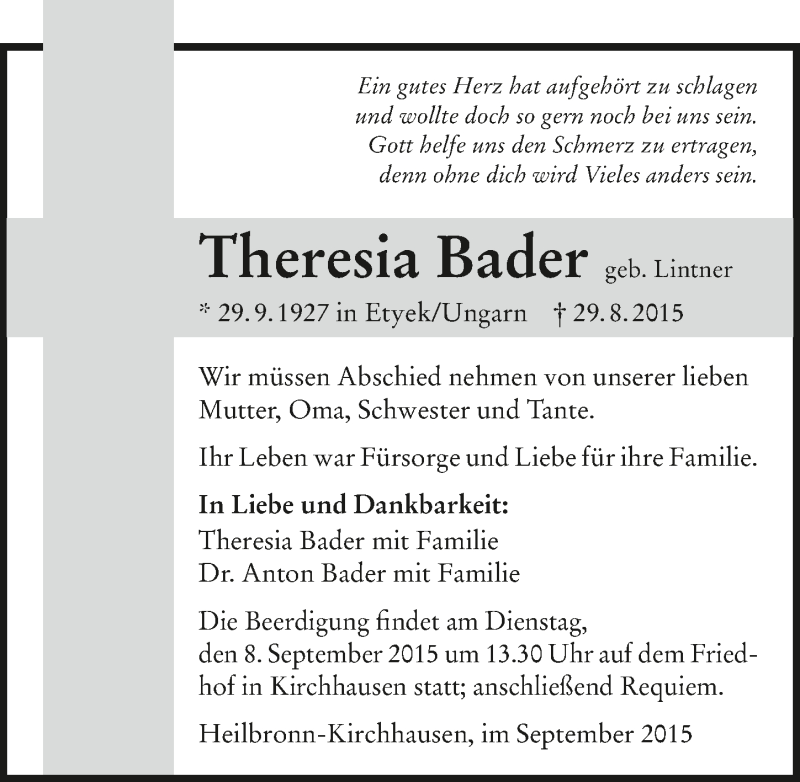  Traueranzeige für Theresia Bader vom 02.09.2015 aus 