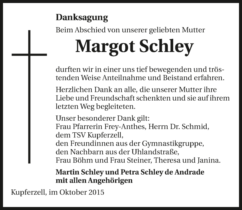  Traueranzeige für Margot Schley vom 24.10.2015 aus 