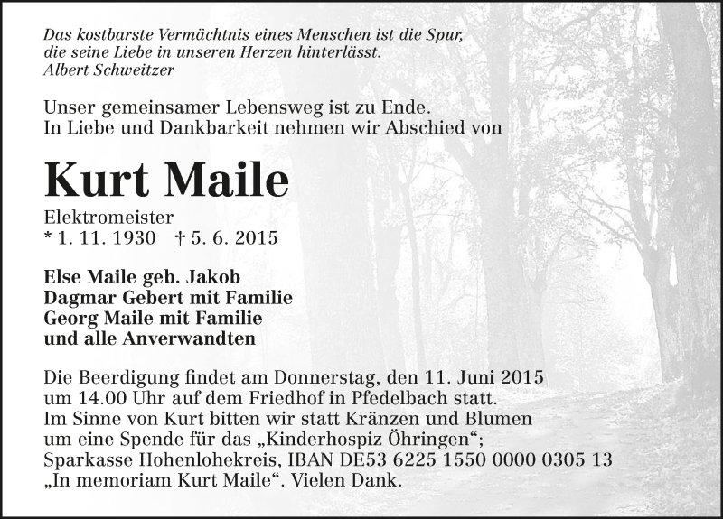  Traueranzeige für Kurt Maile vom 09.06.2015 aus 