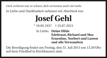 Traueranzeige von Josef Gehl 