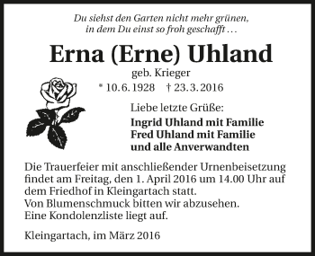 Traueranzeige von Erna Uhland 