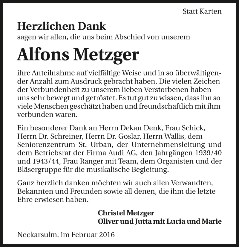  Traueranzeige für Alfons Metzger vom 01.03.2016 aus 