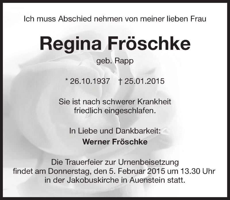  Traueranzeige für Regina Fröschke vom 31.01.2015 aus 