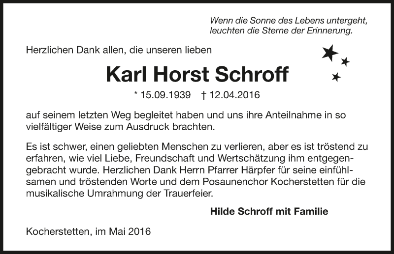 Traueranzeige für Karl Horst Schroff vom 07.05.2016 aus 