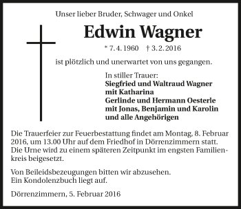 Traueranzeige von Edwin Wagner 