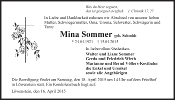 Traueranzeige von Mina Sommer 