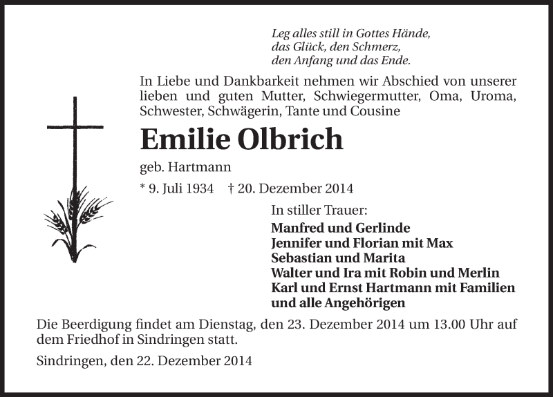  Traueranzeige für Emilie Olbrich vom 22.12.2014 aus 