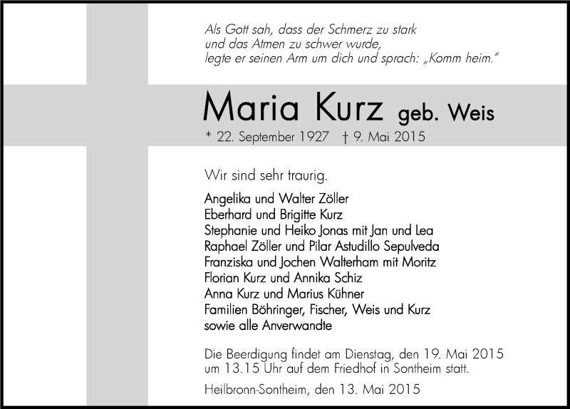  Traueranzeige für Maria Kurz vom 15.05.2015 aus 