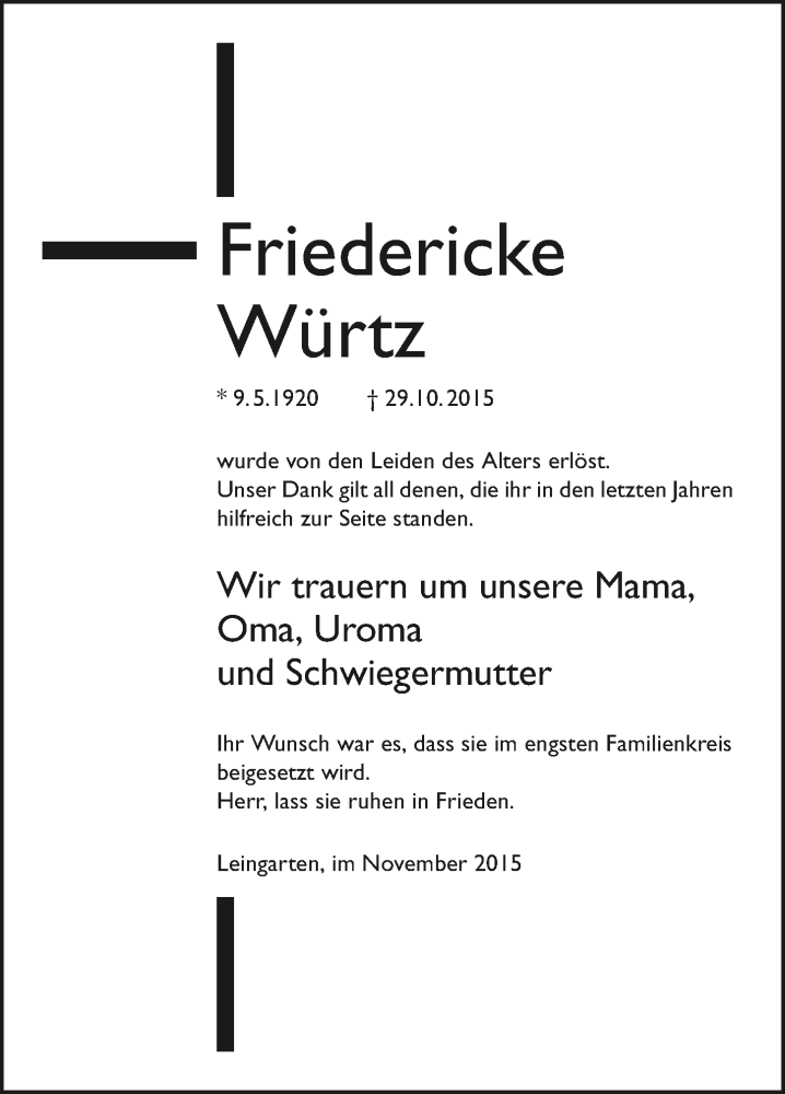  Traueranzeige für Friedericke Würtz vom 05.11.2015 aus 