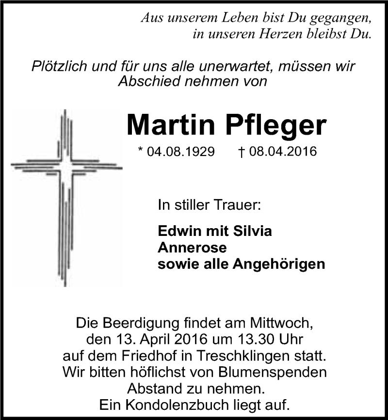  Traueranzeige für Martin Pfleger vom 11.04.2016 aus 