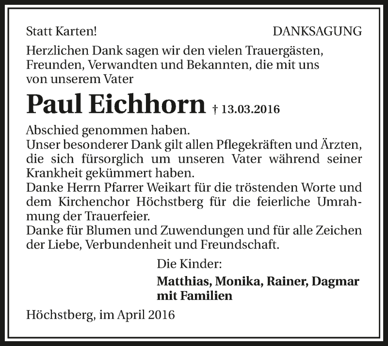  Traueranzeige für Paul Eichhorn vom 09.04.2016 aus 