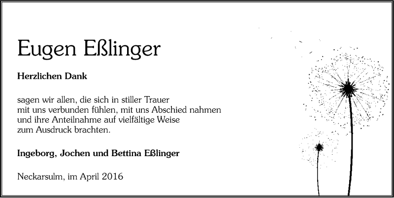  Traueranzeige für Eugen Eßlinger vom 23.04.2016 aus 