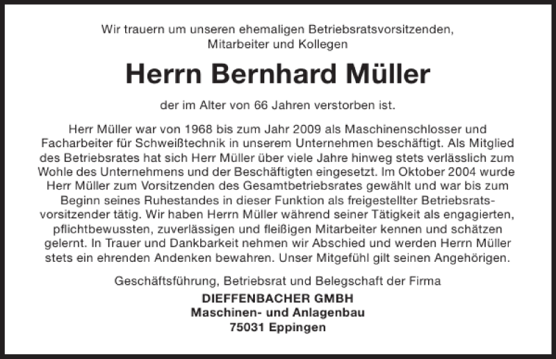  Traueranzeige für Bernhard Müller vom 24.12.2011 aus 