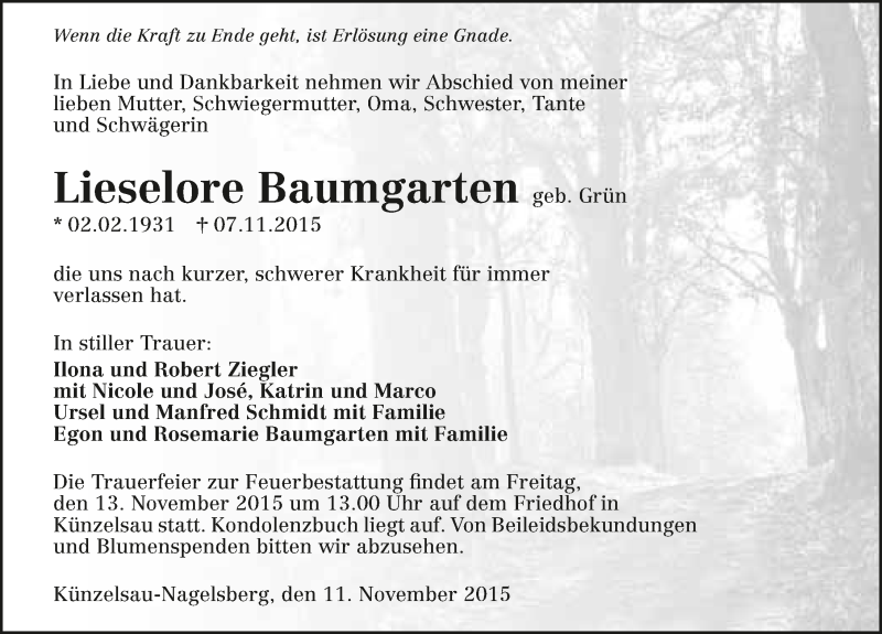  Traueranzeige für Lieselore Baumgarten vom 11.11.2015 aus 